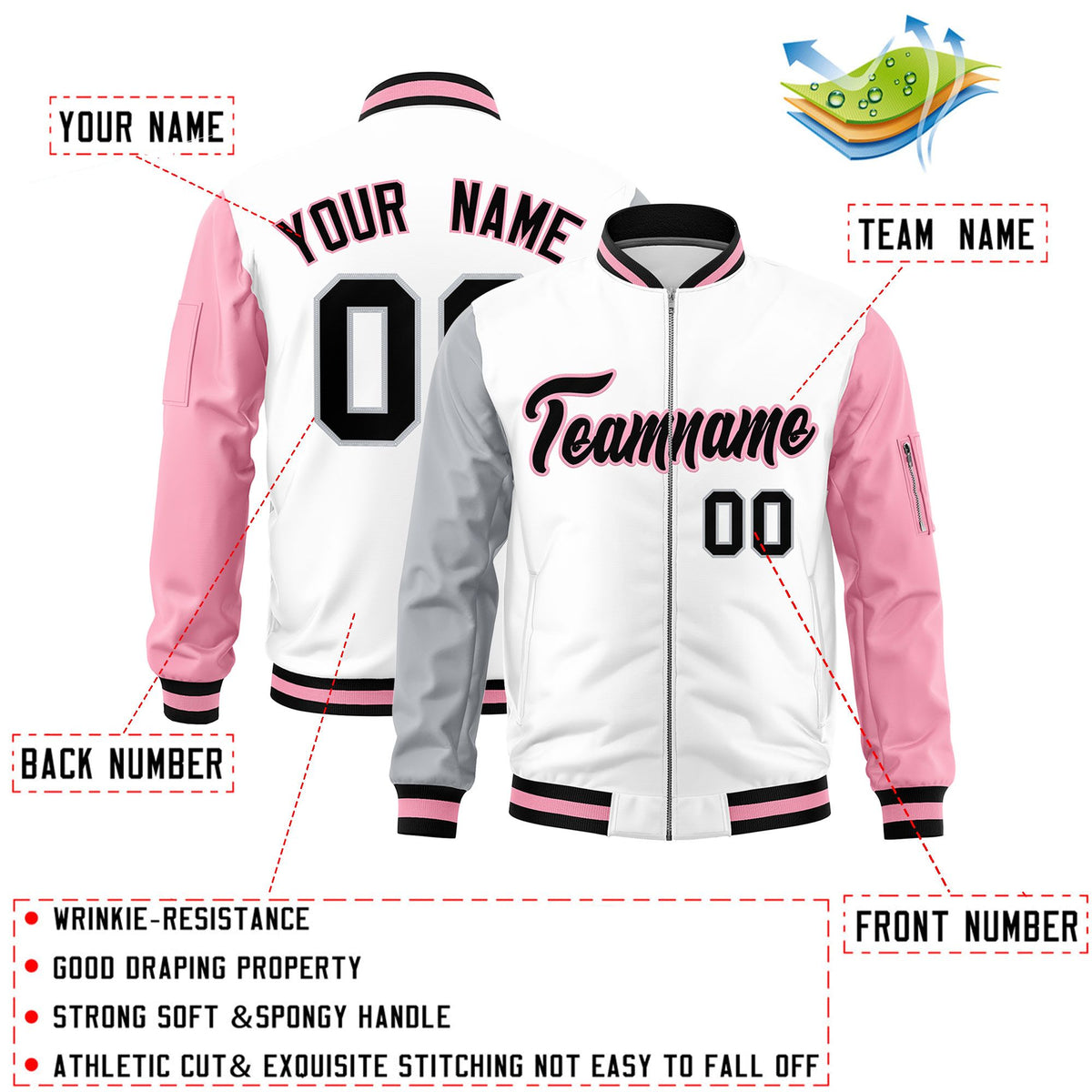 Custom White Silver Light Pink Varsity Full-Zip Raglan Sleeves Letterman Bomber Jacket