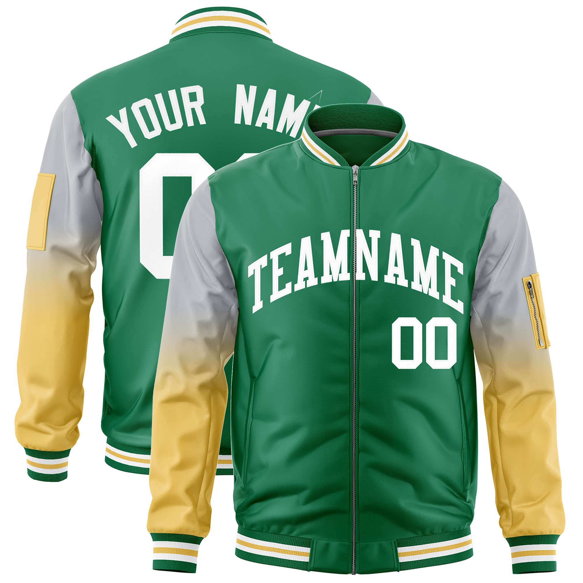 Custom Kelly Green Silver-Old Gold Gaglan Sleeve Gradient Varsity Full-Zip Letterman Bomber Jacket