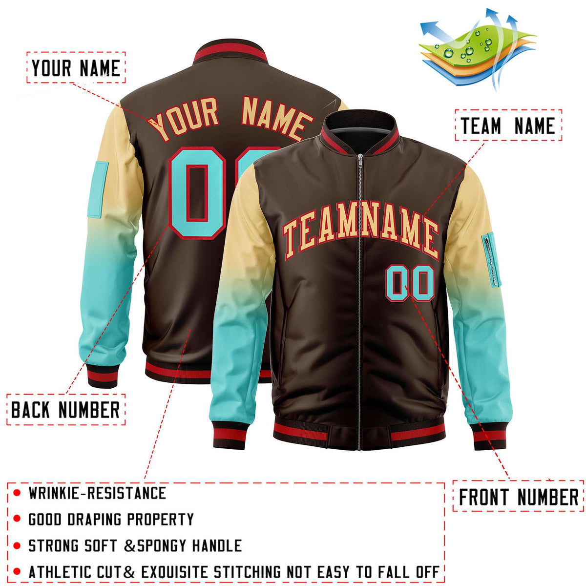 Custom Brown Khaki-Bright Green Gaglan Sleeve Gradient Varsity Full-Zip Letterman Bomber Jacket