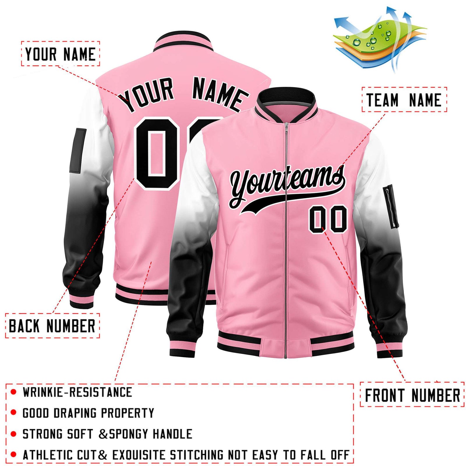 Custom Light Pink White-Black Gaglan Sleeve Gradient Varsity Full-Zip Letterman Bomber Jacket