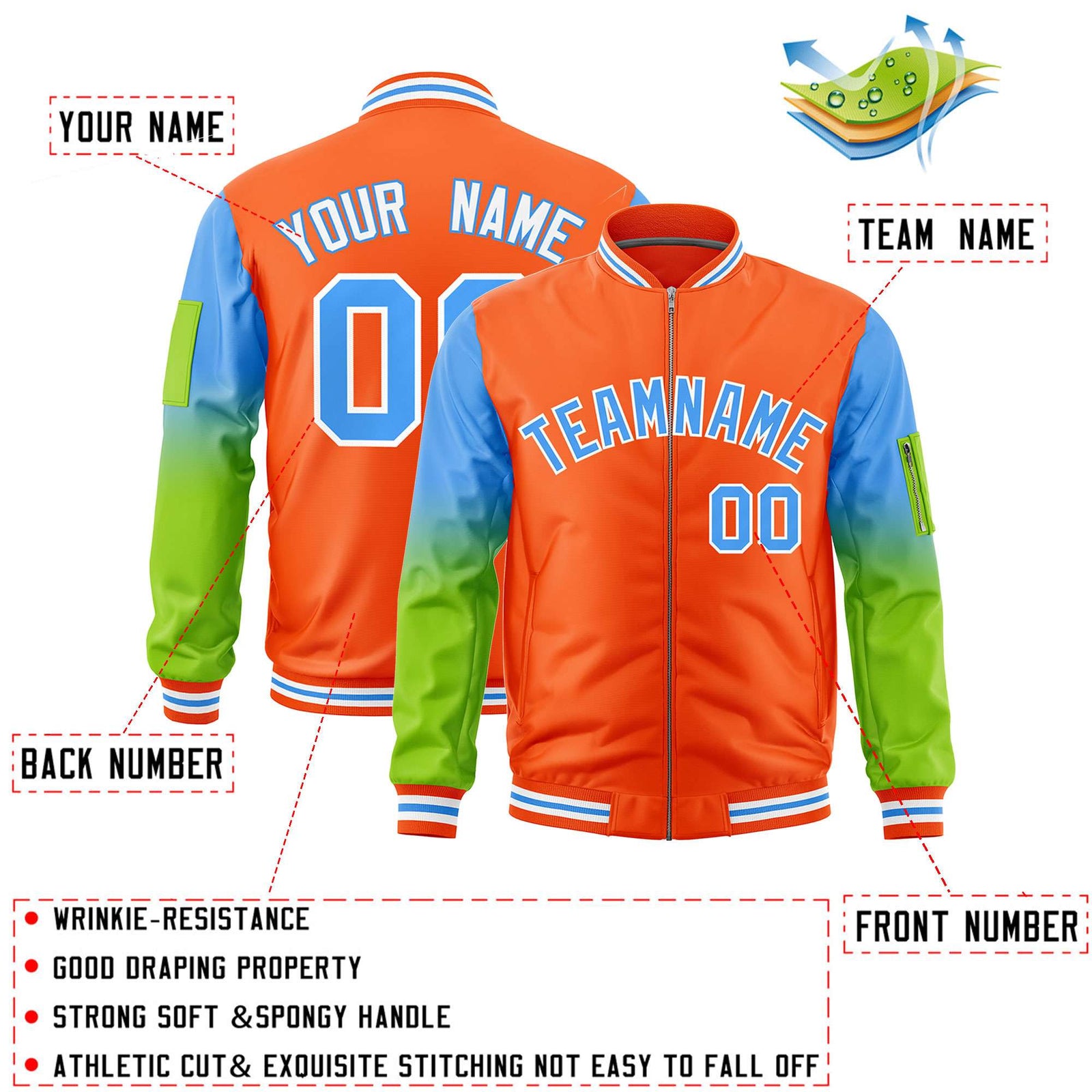 Custom Orange Powder Blue-Neon Green Gaglan Sleeve Gradient Varsity Full-Zip Letterman Bomber Jacket