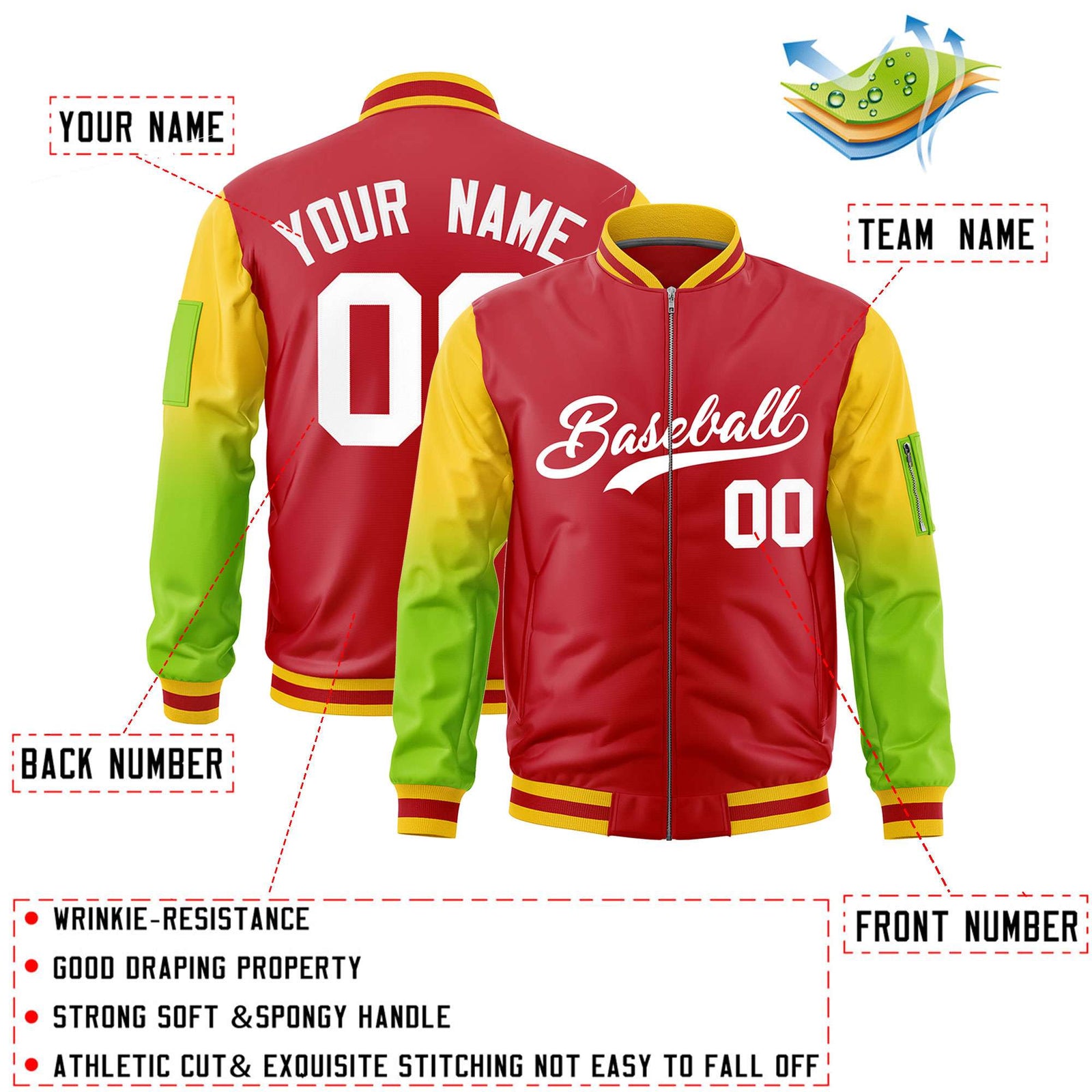 Custom Red Gold-Neon Green Gaglan Sleeve Gradient Varsity Full-Zip Letterman Bomber Jacket