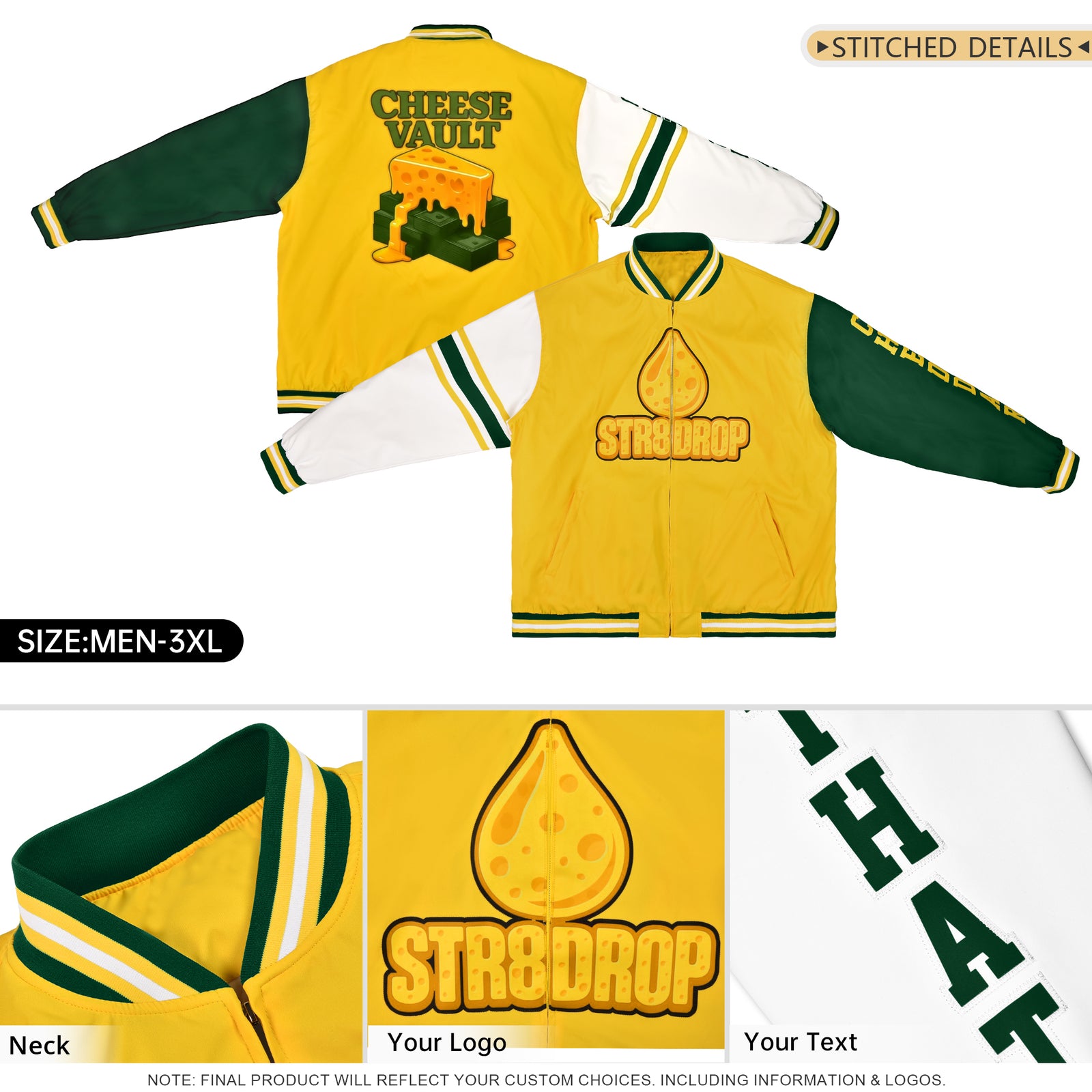 Custom Gold Green-White Varsity Full-Zip Raglan Sleeves Stripe Letterman Bomber Jacket