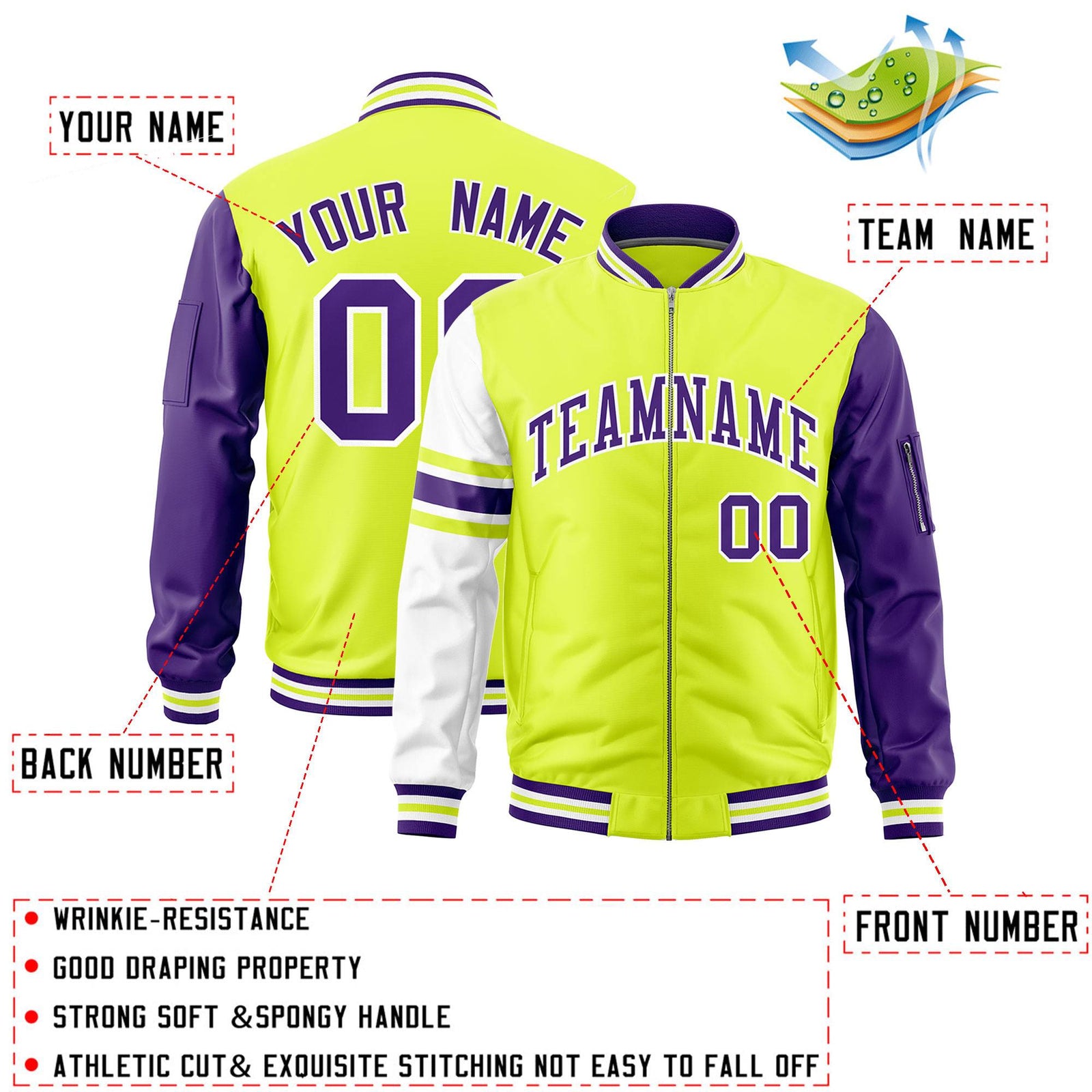 Custom Fluorescent Green Purple-White Varsity Full-Zip Raglan Sleeves Stripe Letterman Bomber Jacket