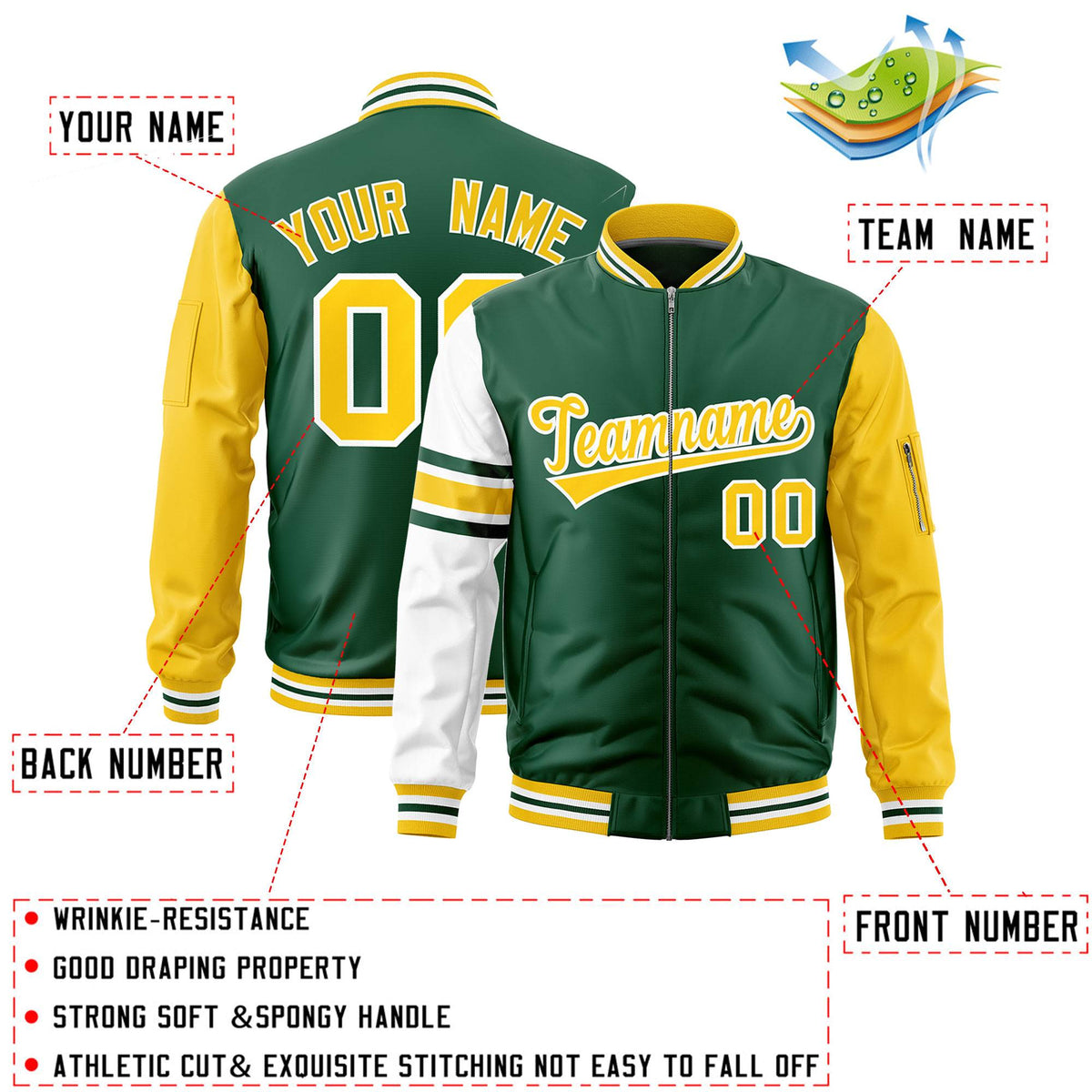 Custom Green Gold-White Varsity Full-Zip Raglan Sleeves Stripe Letterman Bomber Jacket