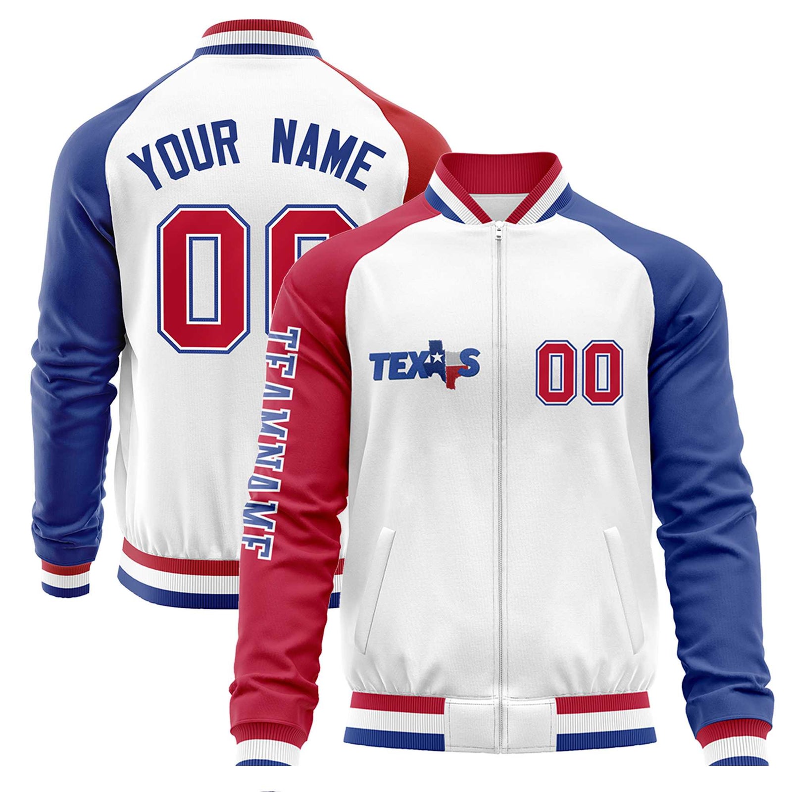 Custom White Red-Royal Green Texas Flag Varsity Full-Zip Raglan Sleeves Letterman Bomber Jacket