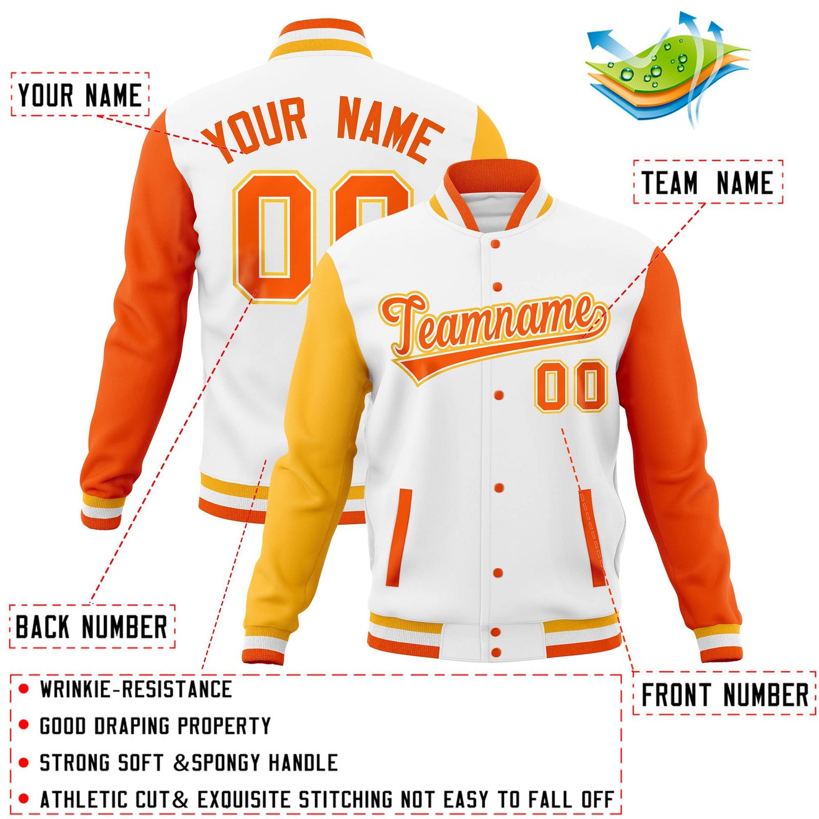 Custom White Orange-Gold Full-Snap Varsity Raglan Sleeves Letterman Baseball Jacket