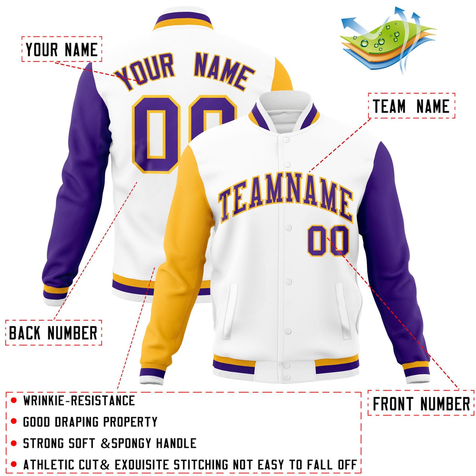Custom White Purple-Gold Raglan Sleeves Varsity Full-Snap Letterman Jacket
