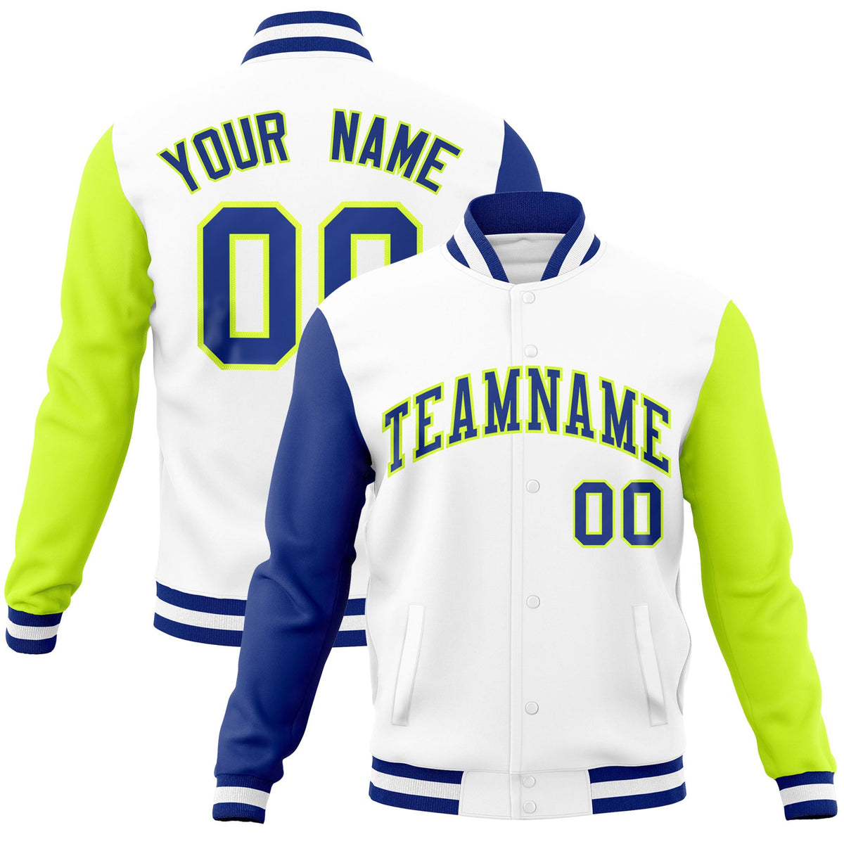 Custom White Neon Green-Royal Raglan Sleeves Varsity Full-Snap Letterman Jacket