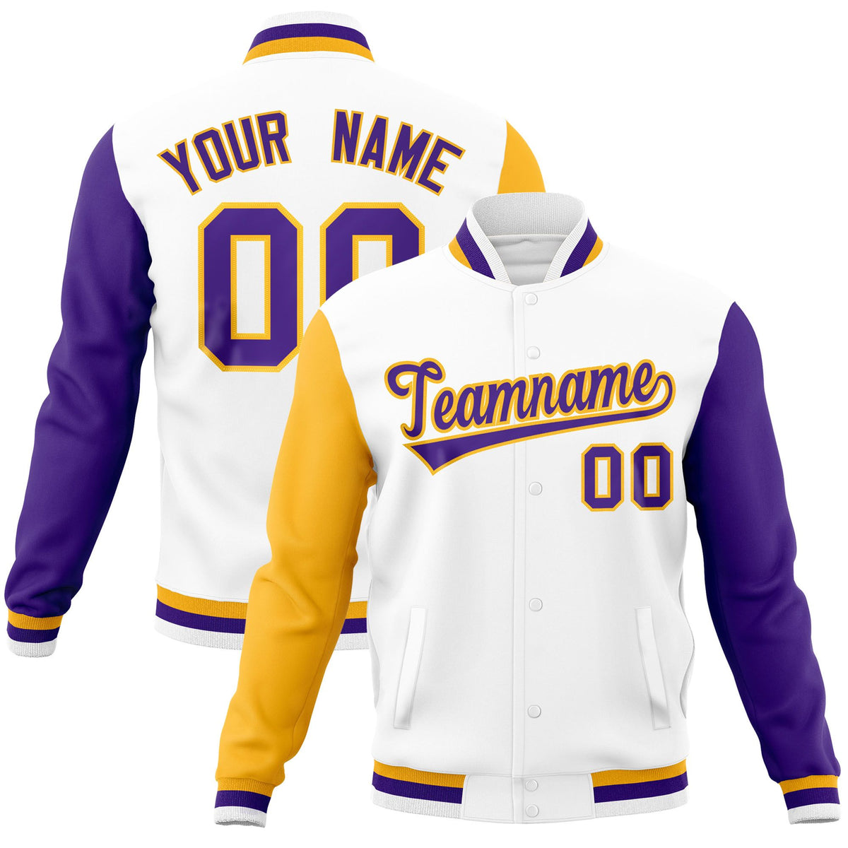 Custom White Purple-Gold Raglan Sleeves Varsity Full-Snap Letterman Jacket