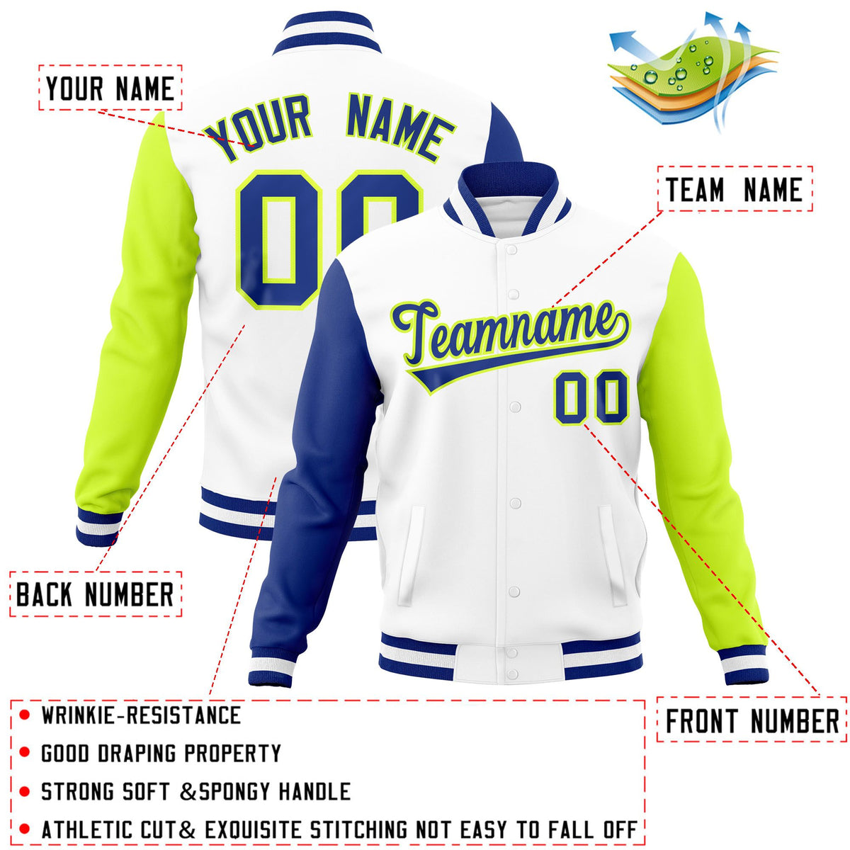 Custom White Neon Green-Royal Raglan Sleeves Varsity Full-Snap Letterman Jacket