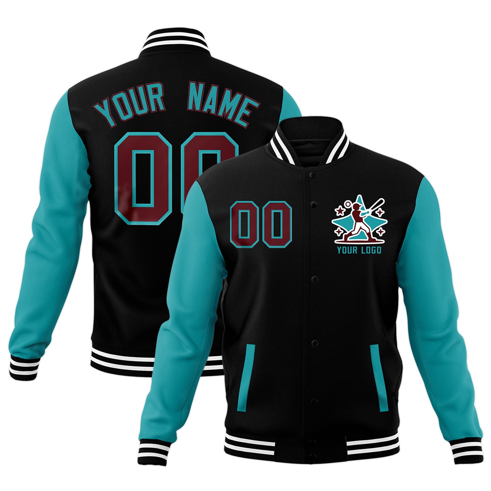 Custom Black Aqua White Raglan Sleeves Full-Snap Letterman Cotton Fabric Jacket| KXKSHOP
