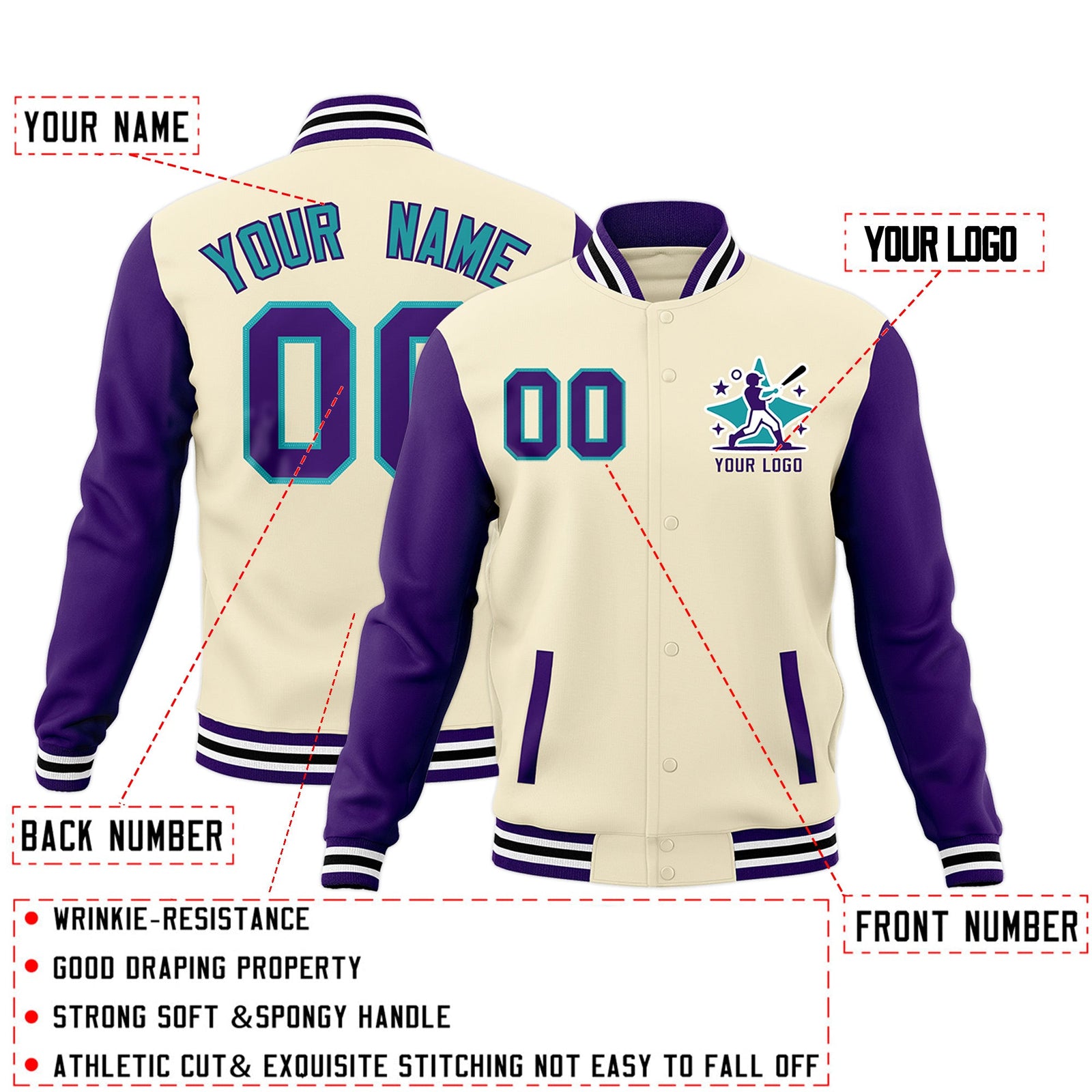Custom Cream Purple White Raglan Sleeves Full-Snap Letterman Cotton Fabric Jacket| KXKSHOP