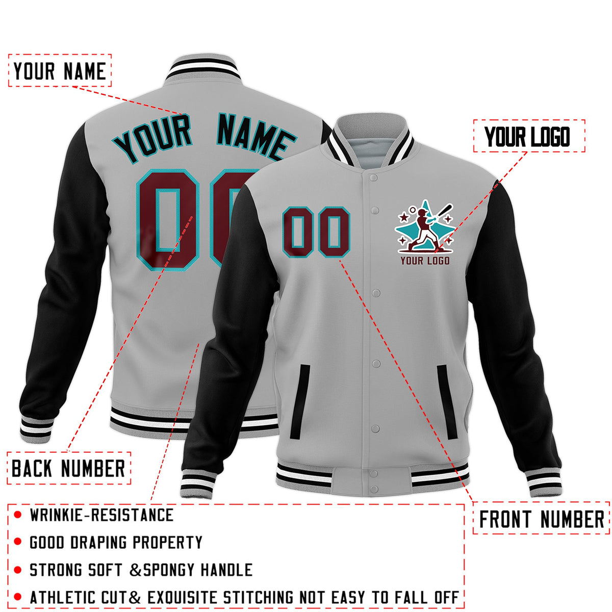 Custom Gray Black White Raglan Sleeves Full-Snap Letterman Cotton Fabric Jacket| KXKSHOP