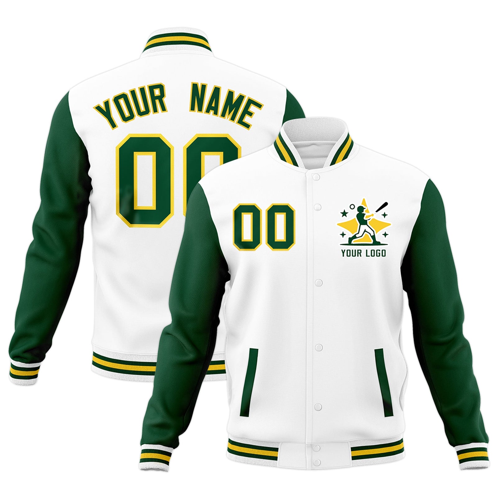 Custom White Green Gold Raglan Sleeves Full-Snap Letterman Cotton Fabric Jacket| KXKSHOP