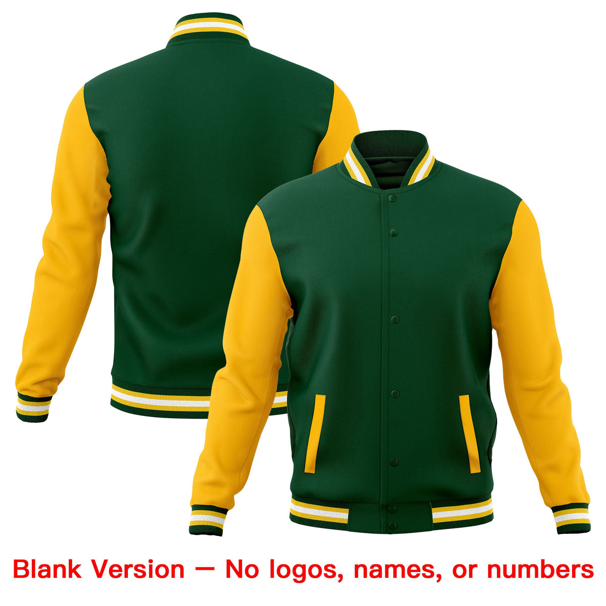 Custom Green Gold White Raglan Sleeves Full-Snap Letterman Cotton Fabric Jacket| KXKSHOP