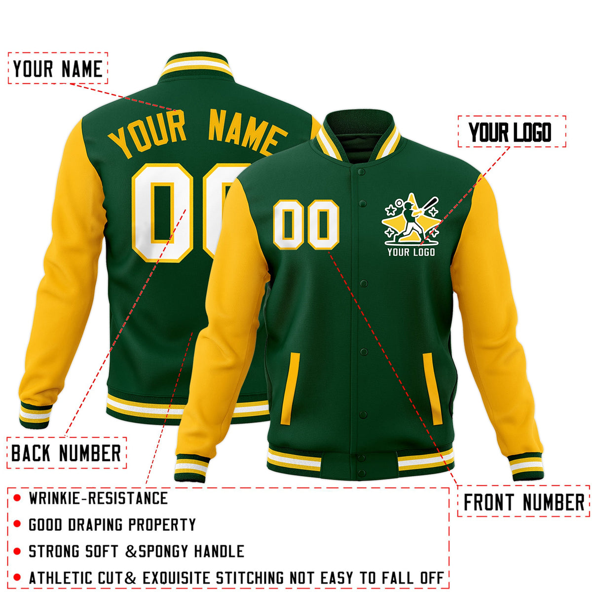 Custom Green Gold White Raglan Sleeves Full-Snap Letterman Cotton Fabric Jacket| KXKSHOP