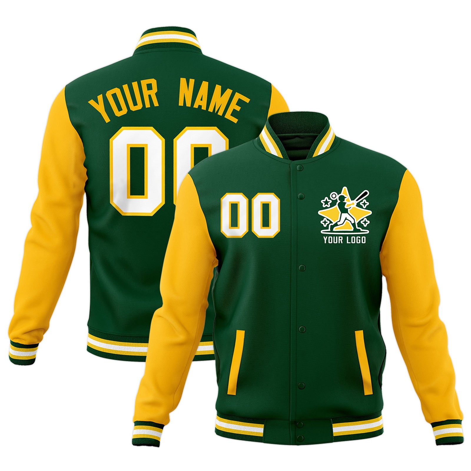 Custom Green Gold White Raglan Sleeves Full-Snap Letterman Cotton Fabric Jacket| KXKSHOP