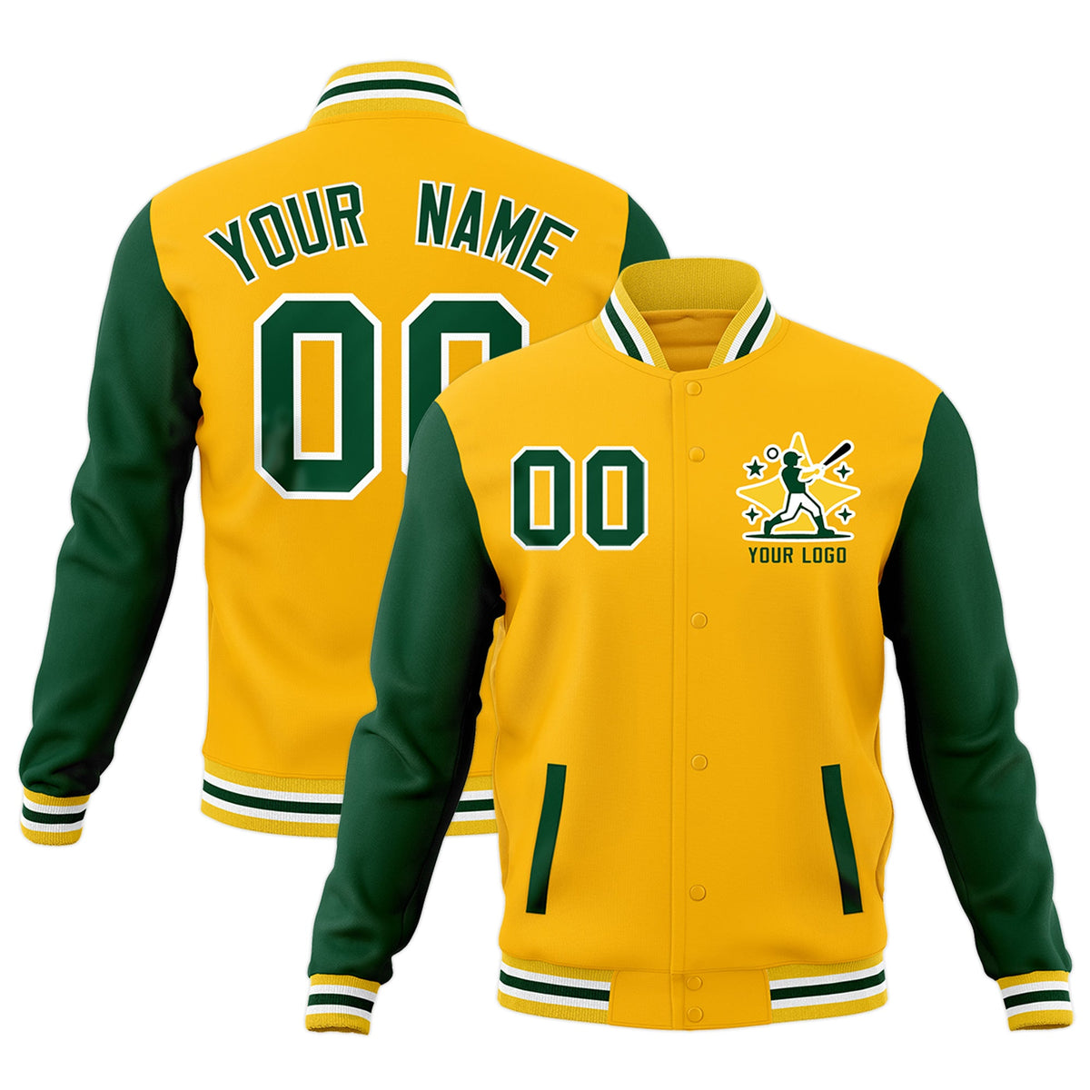 Custom Gold Green White Raglan Sleeves Full-Snap Letterman Cotton Fabric Jacket| KXKSHOP