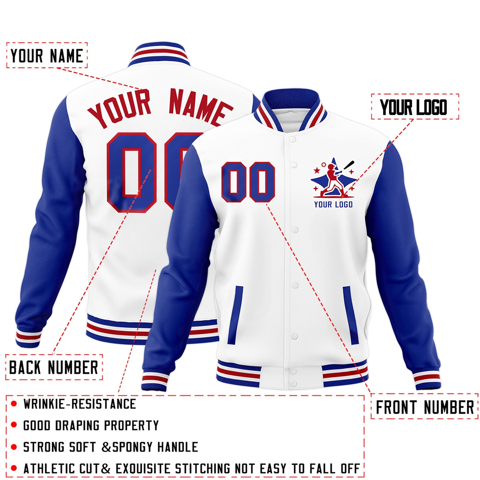 Custom Royal Blue White Red Raglan Sleeves Full-Snap Letterman Cotton Fabric Jacket| KXKSHOP