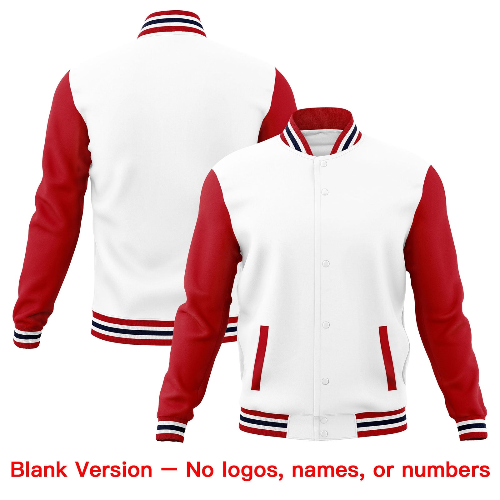 Custom White Red Navy Raglan Sleeves Full-Snap Letterman Cotton Fabric Jacket| KXKSHOP