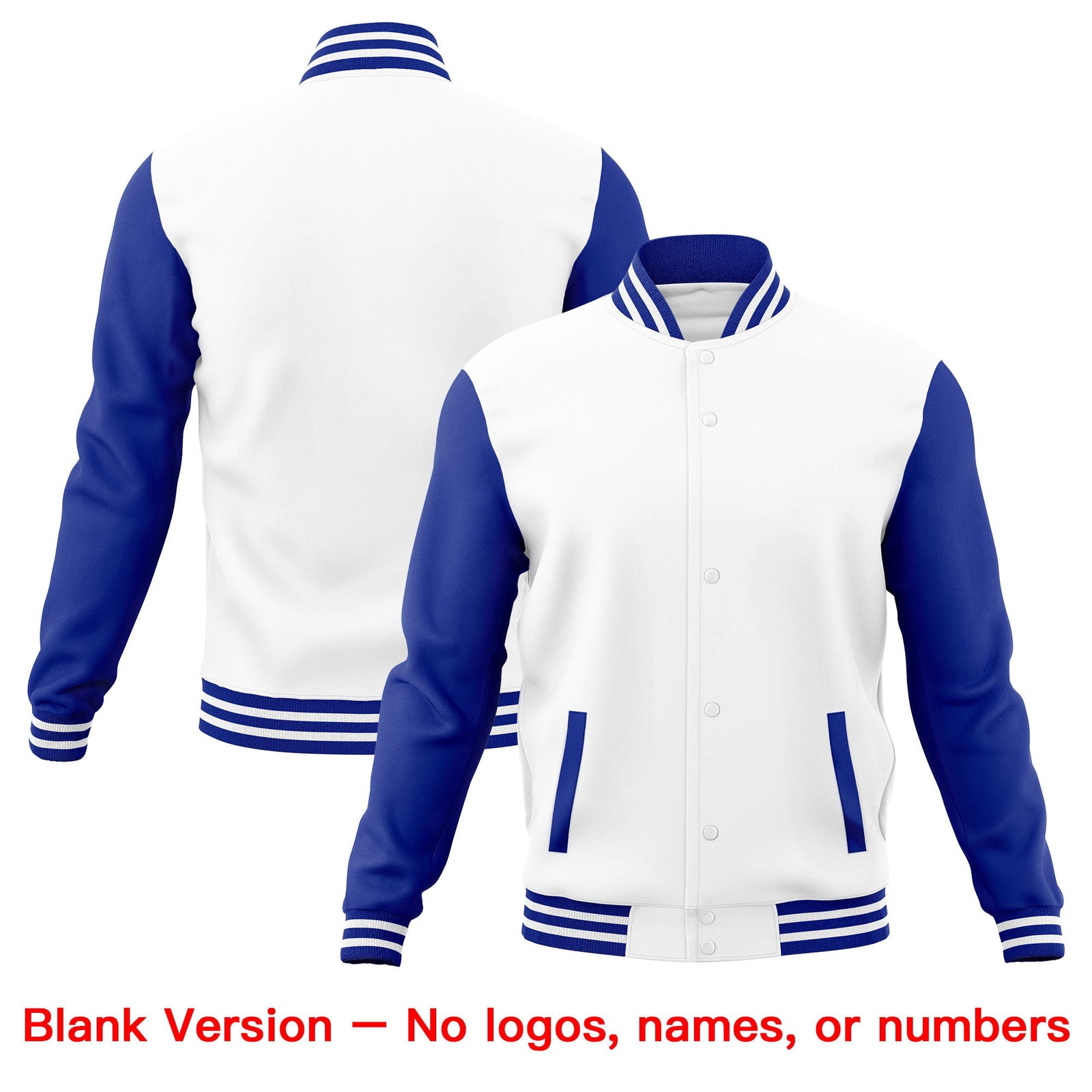 Custom White Royal Blue Red Raglan Sleeves Full-Snap Letterman Cotton Fabric Jacket| KXKSHOP