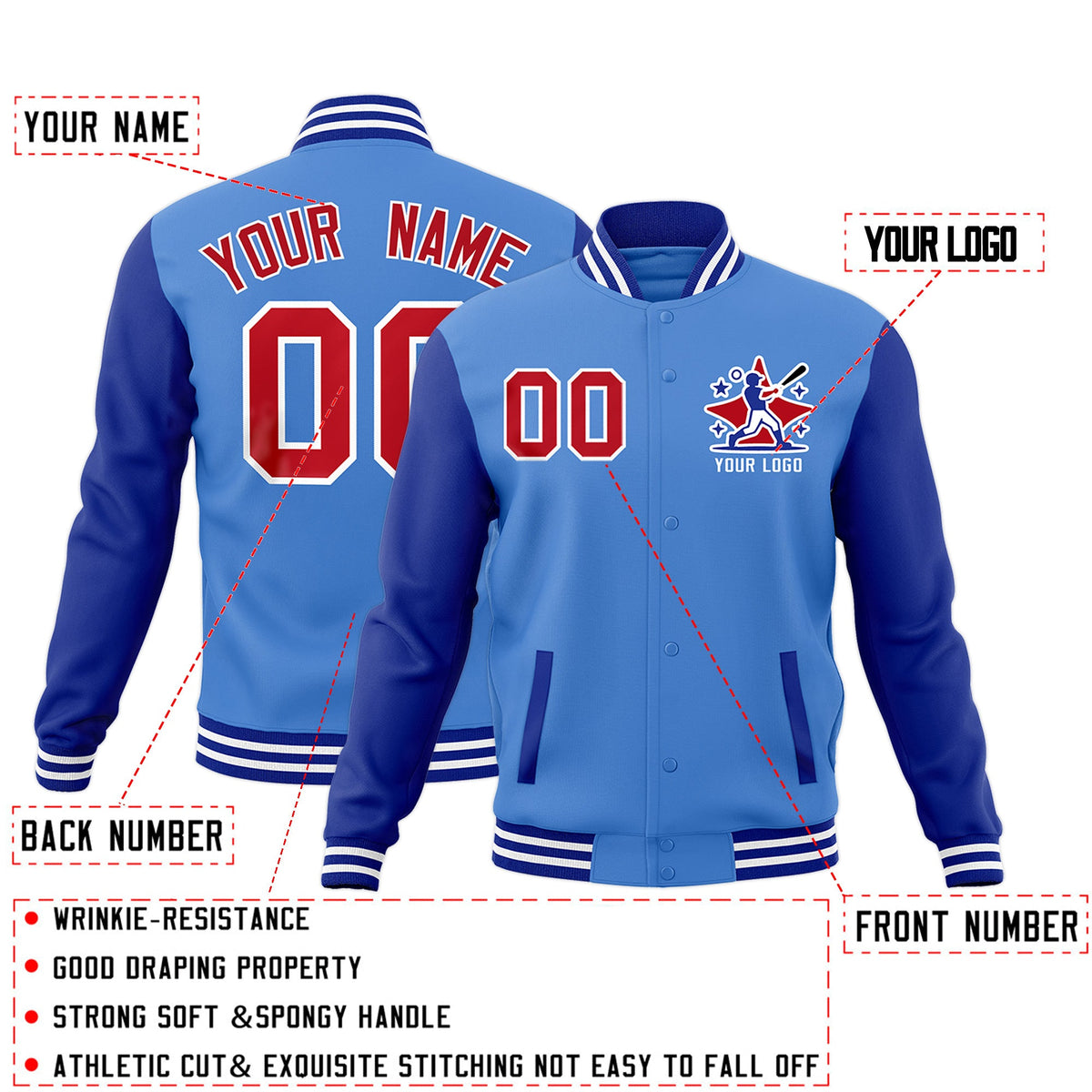 Custom Powder Blue Royal Blue White Raglan Sleeves Full-Snap Letterman Cotton Fabric Jacket| KXKSHOP