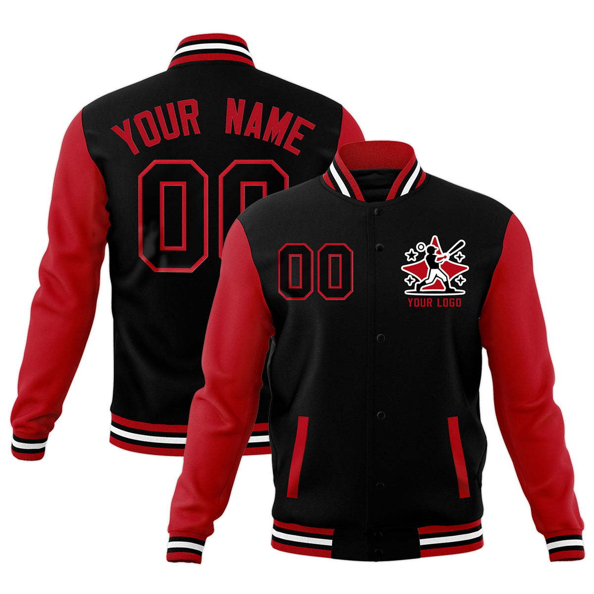 Custom Red White Black Raglan Sleeves Full-Snap Letterman Cotton Fabric Jacket| KXKSHOP