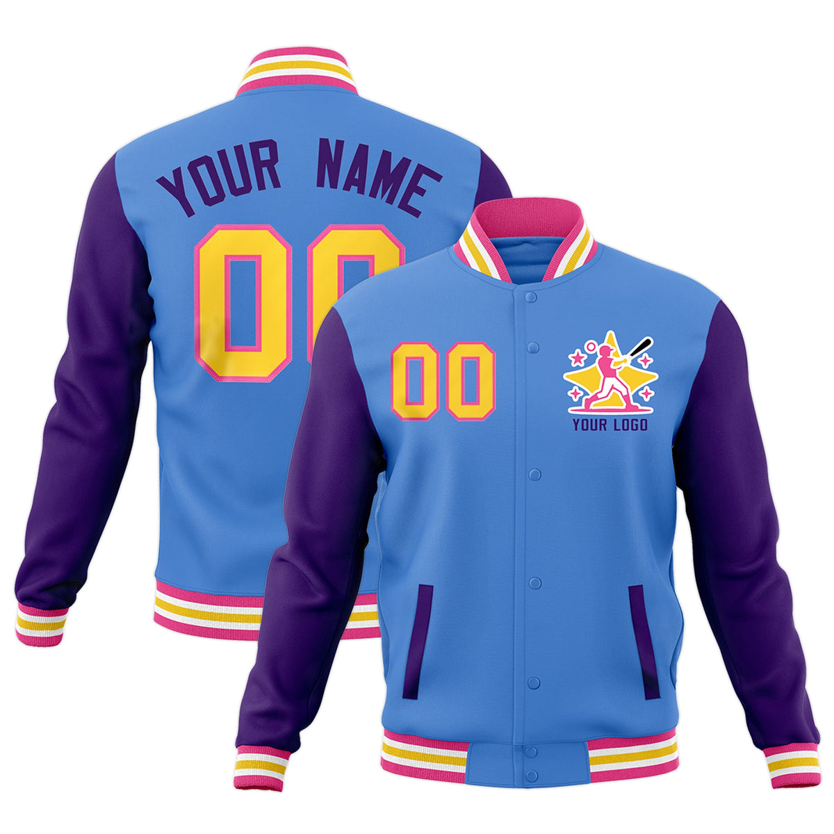 Custom Powder Blue Purple Pink Raglan Sleeves Full-Snap Letterman Cotton Fabric Jacket| KXKSHOP