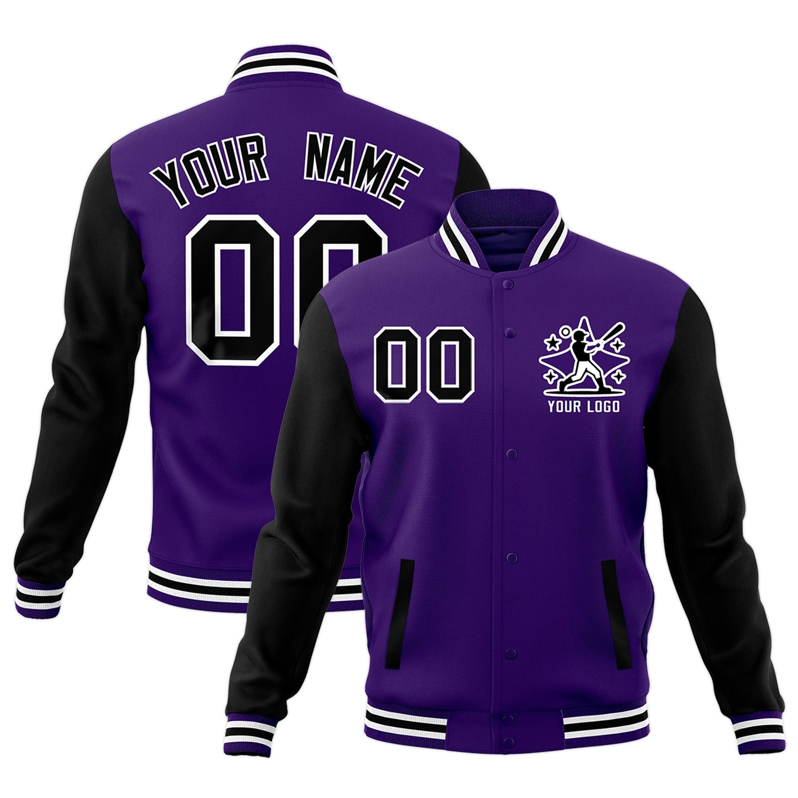 Custom Black Purple White Raglan Sleeves Full-Snap Letterman Cotton Fabric Jacket| KXKSHOP