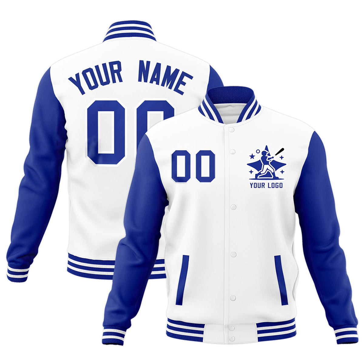 Custom White Royal Blue Raglan Sleeves Full-Snap Letterman Cotton Fabric Jacket| KXKSHOP
