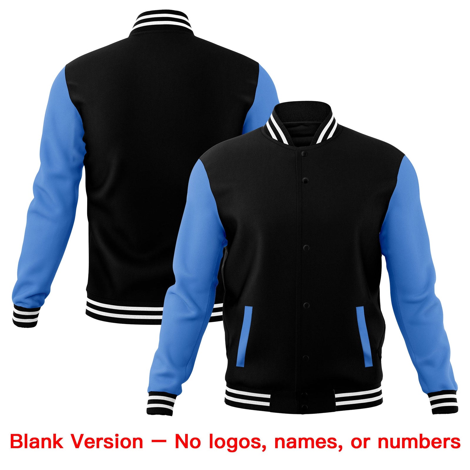 Custom Black Powder Blue White Raglan Sleeves Full-Snap Letterman Cotton Fabric Jacket| KXKSHOP