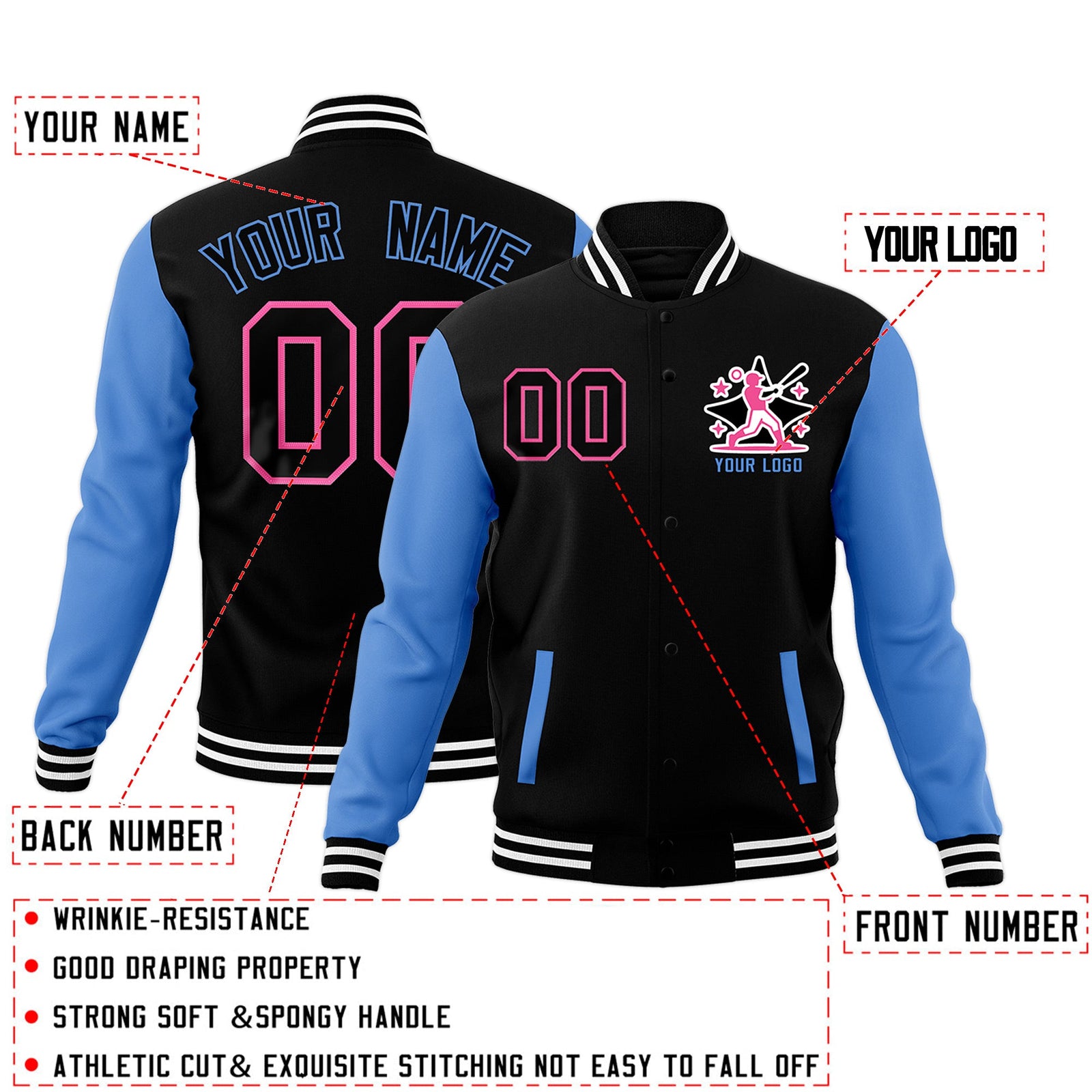 Custom Black Powder Blue White Raglan Sleeves Full-Snap Letterman Cotton Fabric Jacket| KXKSHOP