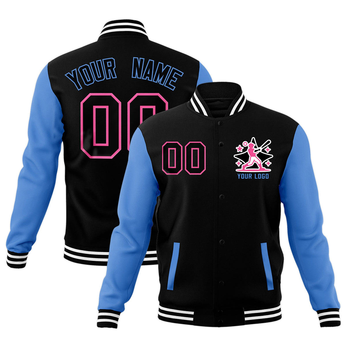 Custom Black Powder Blue White Raglan Sleeves Full-Snap Letterman Cotton Fabric Jacket| KXKSHOP