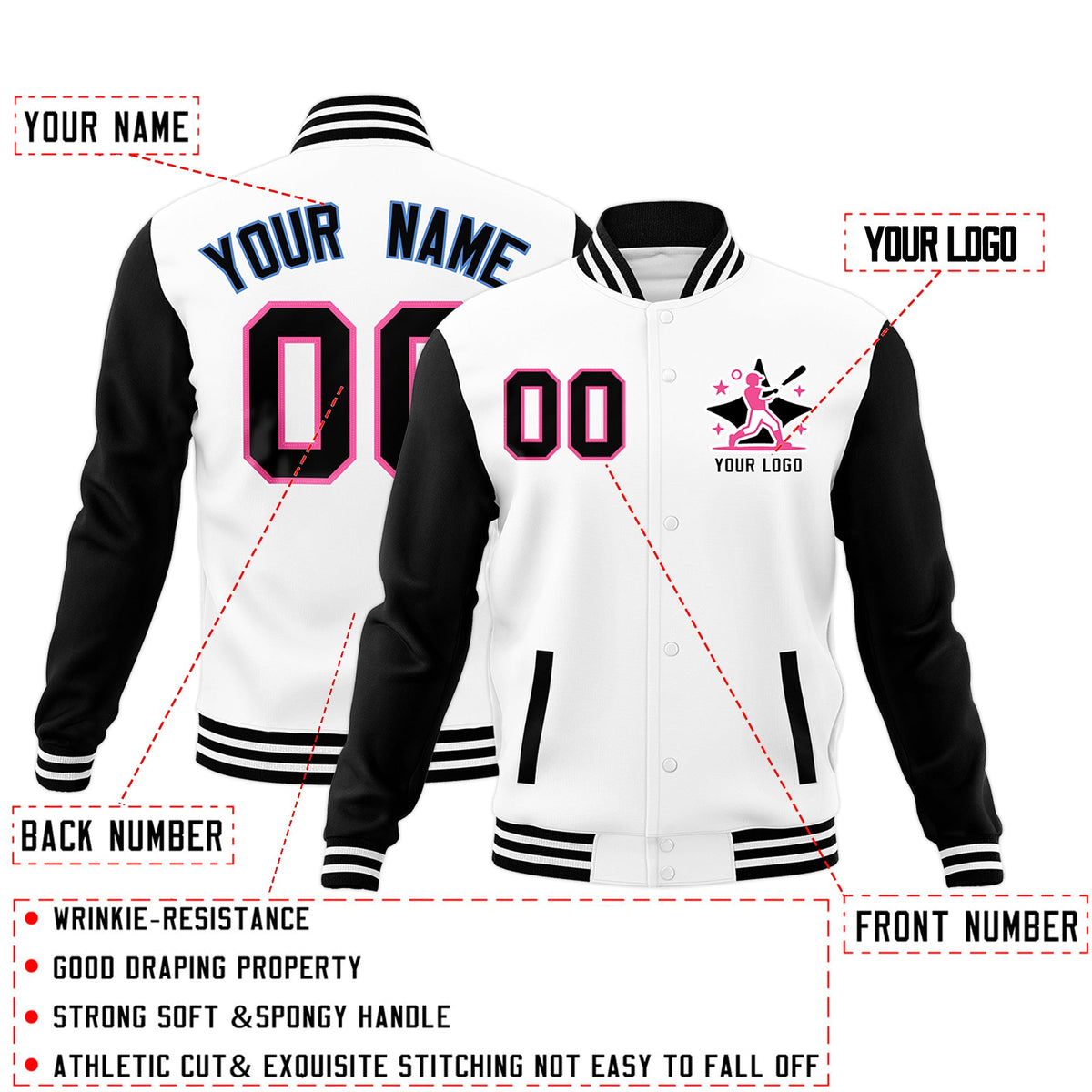 Custom White Black Pink Raglan Sleeves Full-Snap Letterman Cotton Fabric Jacket| KXKSHOP