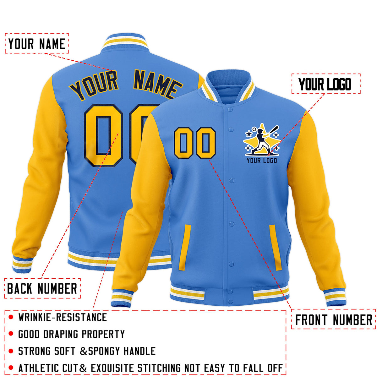 Custom Powder Blue Light Blue White Raglan Sleeves Full-Snap Letterman Cotton Fabric Jacket| KXKSHOP