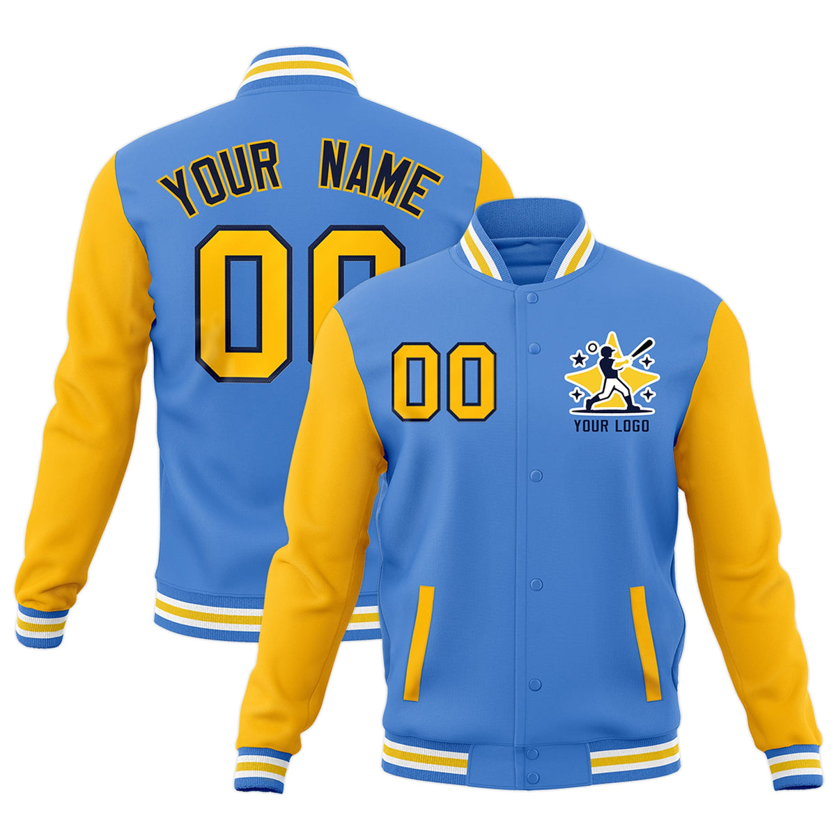Custom Powder Blue Light Blue White Raglan Sleeves Full-Snap Letterman Cotton Fabric Jacket| KXKSHOP