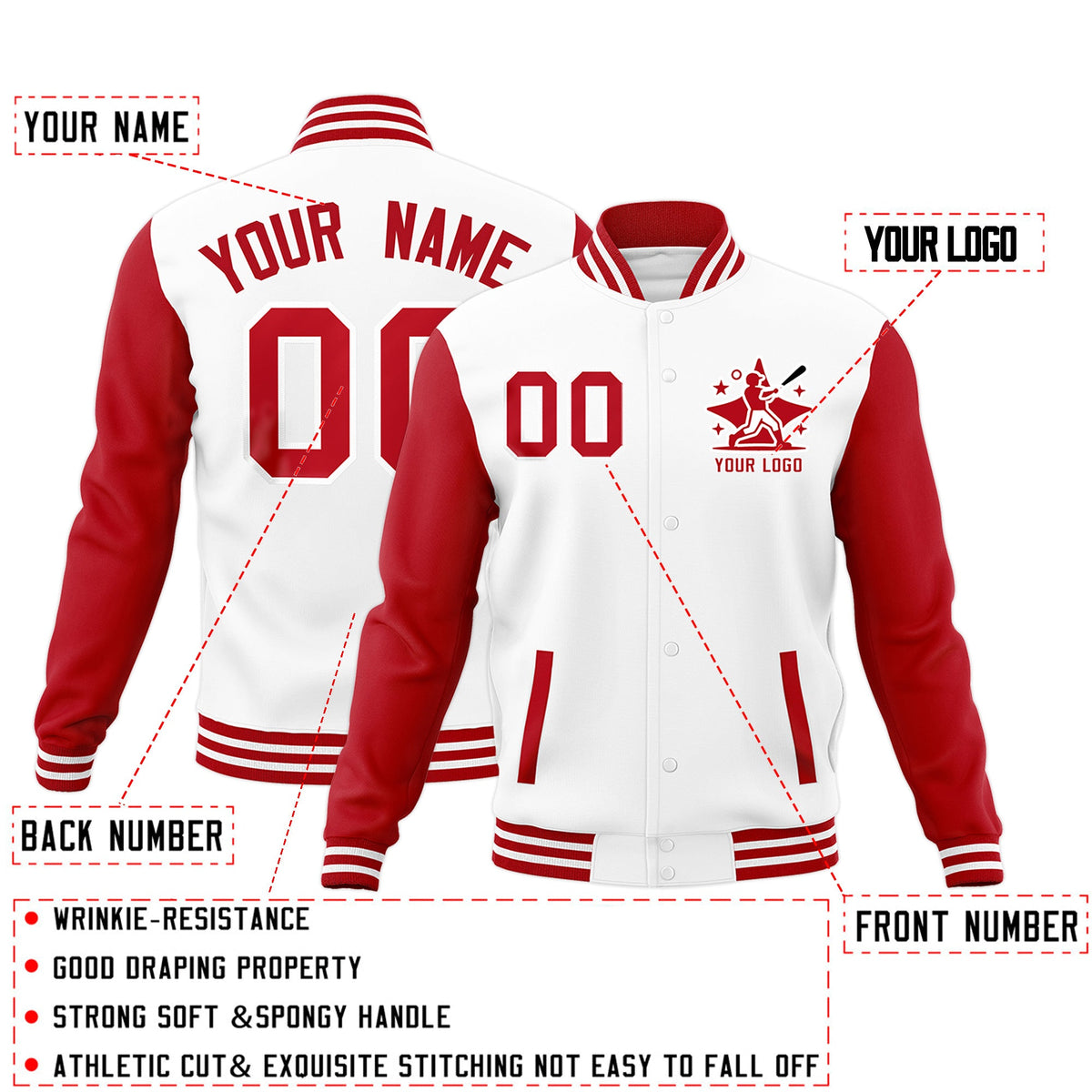 Custom Red White Raglan Sleeves Full-Snap Letterman Cotton Fabric Jacket| KXKSHOP