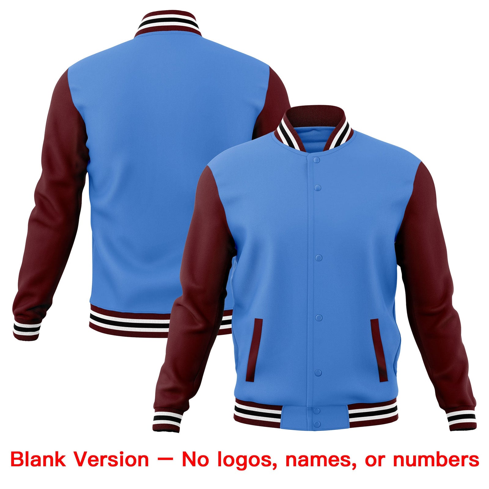 Custom Powder Blue Crimson White Raglan Sleeves Full-Snap Letterman Cotton Fabric Jacket| KXKSHOP