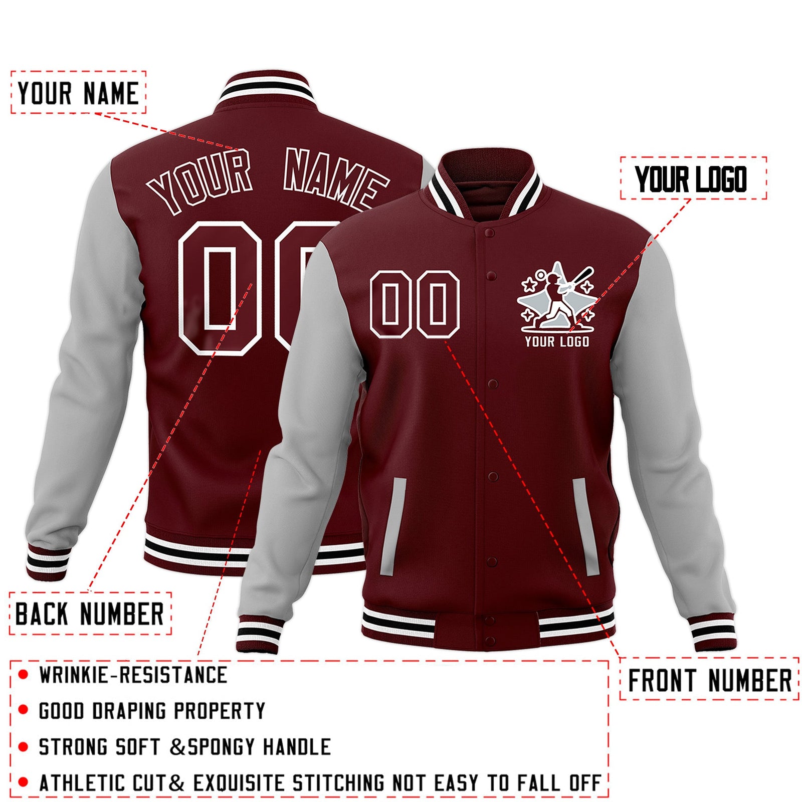 Custom Crimson Gray White Raglan Sleeves Full-Snap Letterman Cotton Fabric Jacket| KXKSHOP