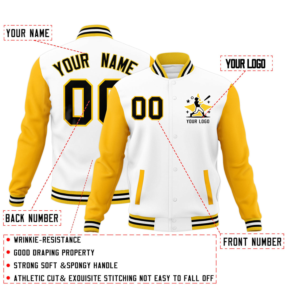 Custom White Gold Black Raglan Sleeves Full-Snap Letterman Cotton Fabric Jacket| KXKSHOP