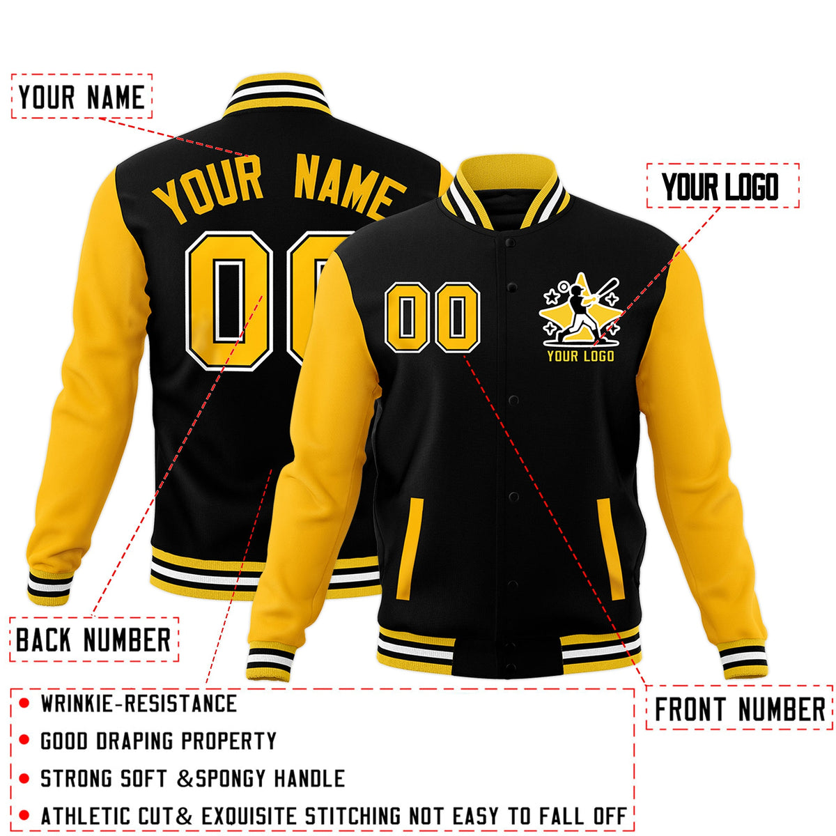 Custom Black Gold White Raglan Sleeves Full-Snap Letterman Cotton Fabric Jacket| KXKSHOP