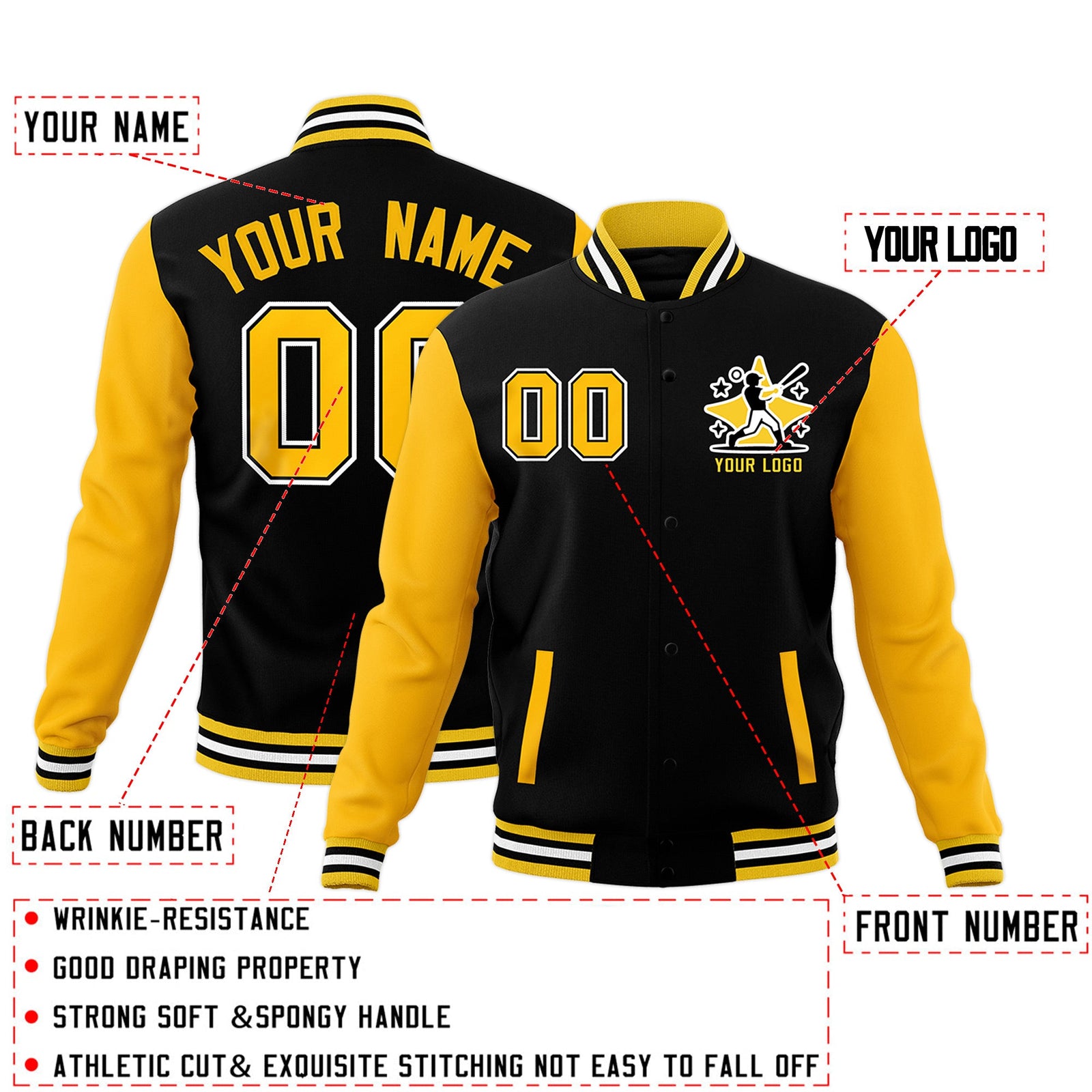 Custom Black Gold White Raglan Sleeves Full-Snap Letterman Cotton Fabric Jacket| KXKSHOP