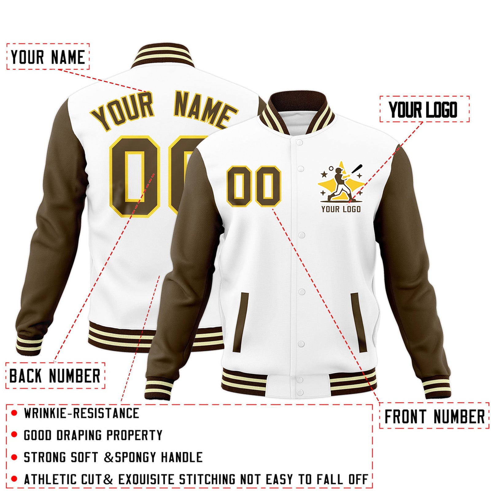 Custom White Light Brown Brown Raglan Sleeves Full-Snap Letterman Cotton Fabric Jacket| KXKSHOP