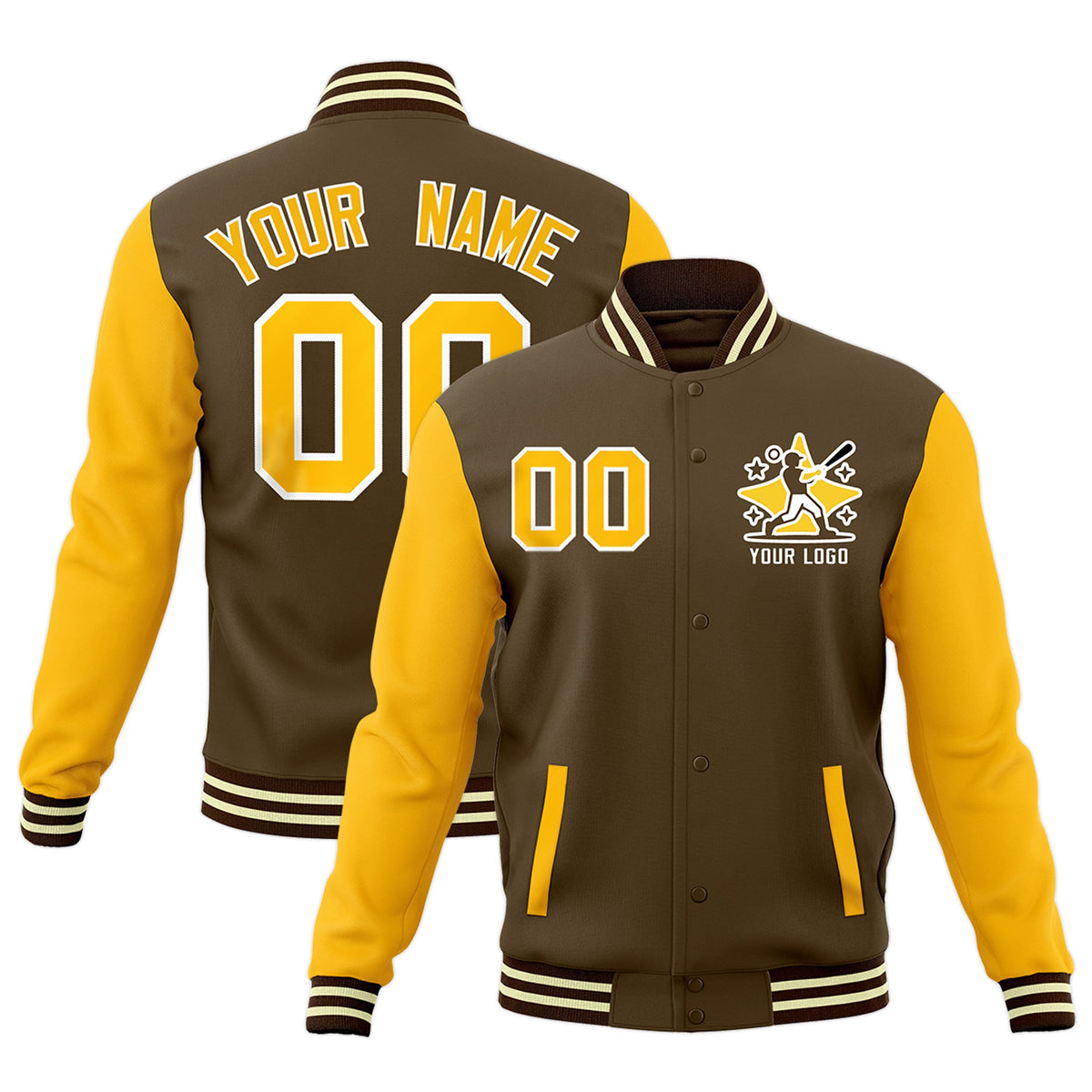 Custom Yellow Light Brown Cream Raglan Sleeves Full-Snap Letterman Cotton Fabric Jacket| KXKSHOP