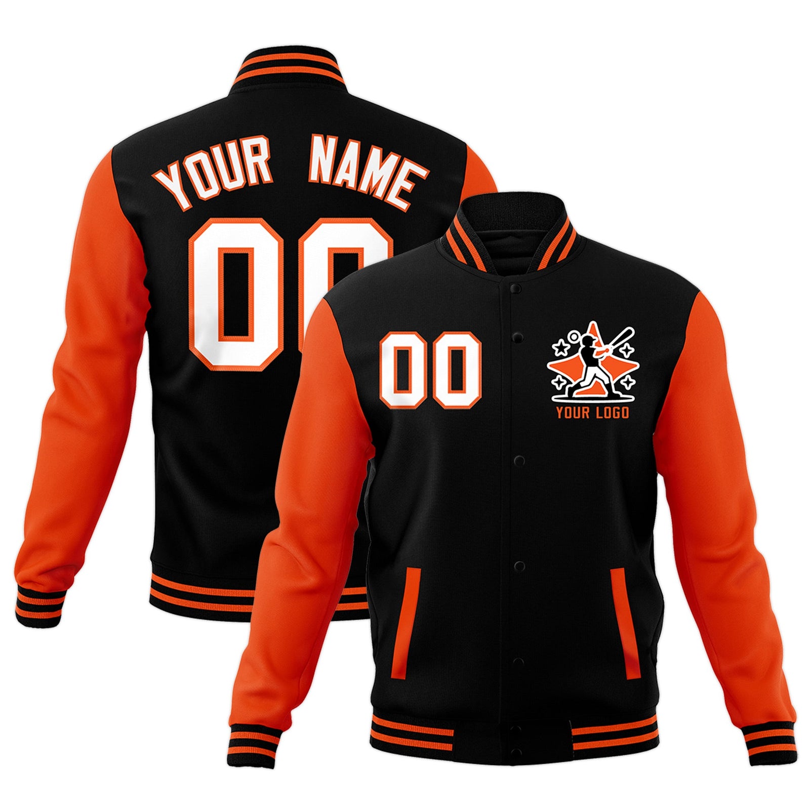 Custom Black Orange Raglan Sleeves Full-Snap Letterman Cotton Fabric Jacket| KXKSHOP