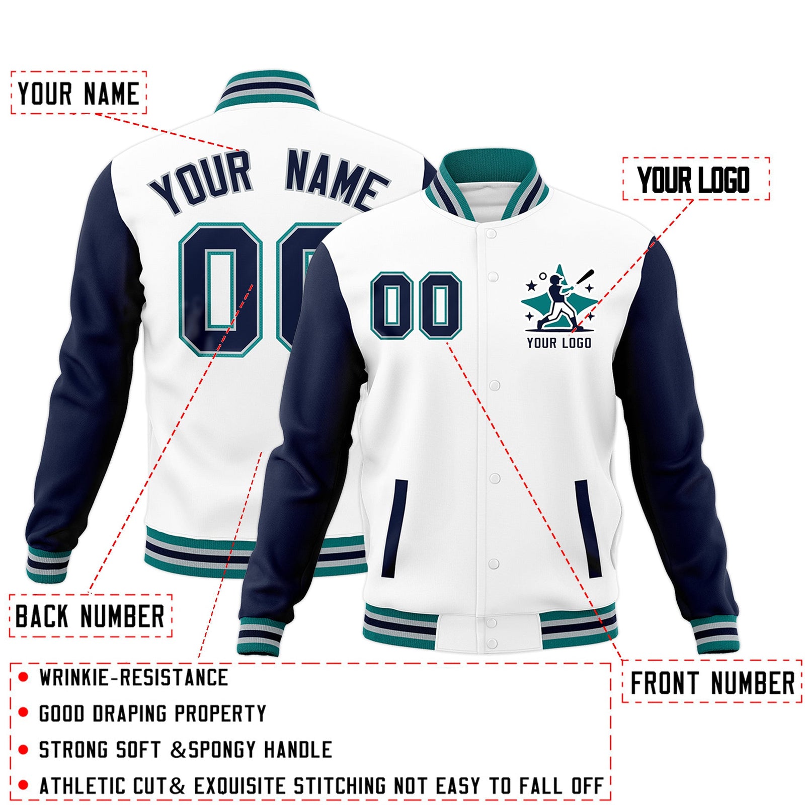 Custom White Navy Teal Raglan Sleeves Full-Snap Letterman Cotton Fabric Jacket| KXKSHOP