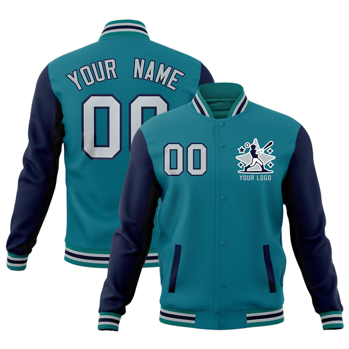 Custom Teal Navy Gray Raglan Sleeves Full-Snap Letterman Cotton Fabric Jacket| KXKSHOP