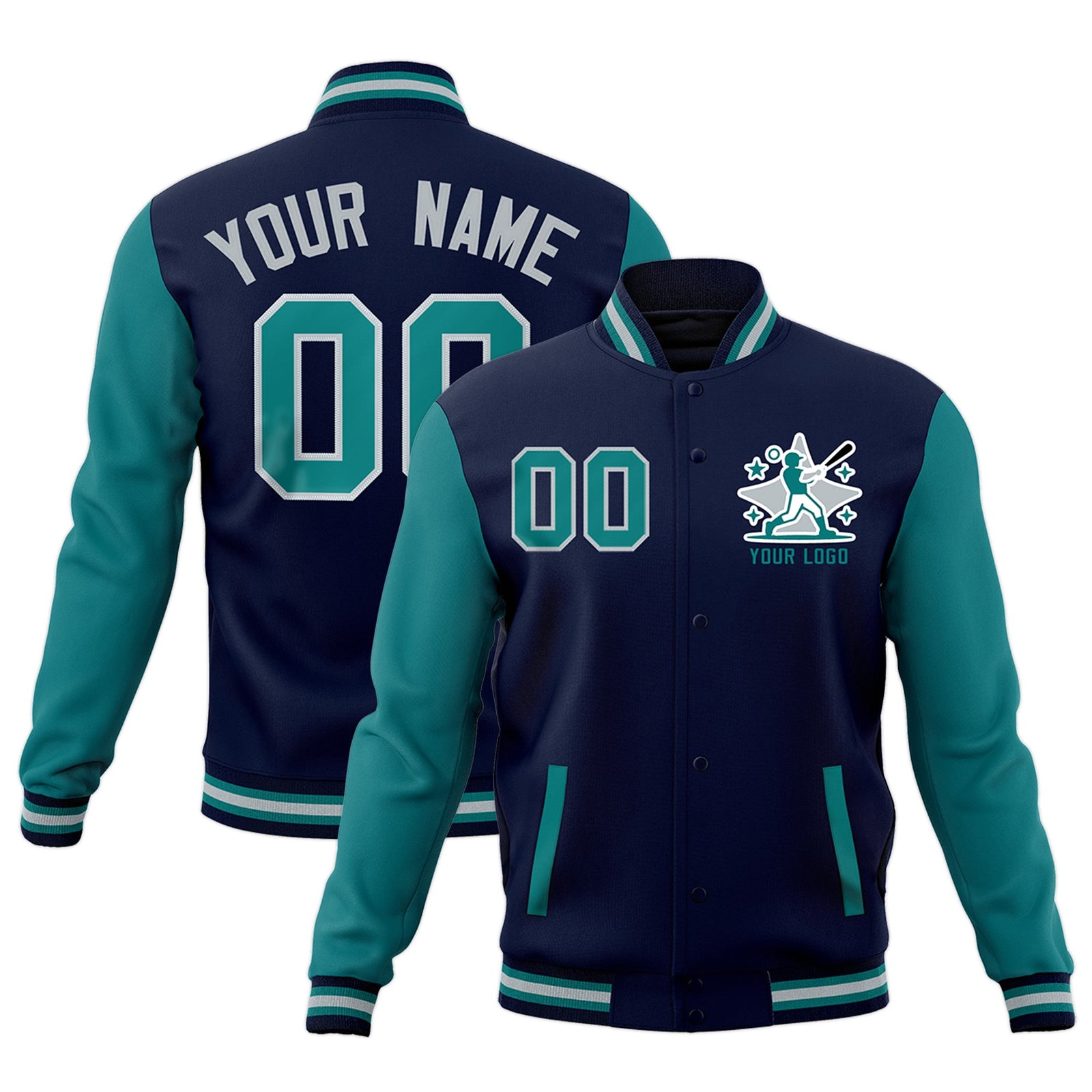 Custom Navy Teal Gray Raglan Sleeves Full-Snap Letterman Cotton Fabric Jacket| KXKSHOP