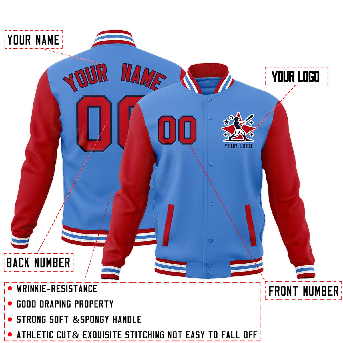 Custom Powder Blue Red White Raglan Sleeves Full-Snap Letterman Cotton Fabric Jacket| KXKSHOP